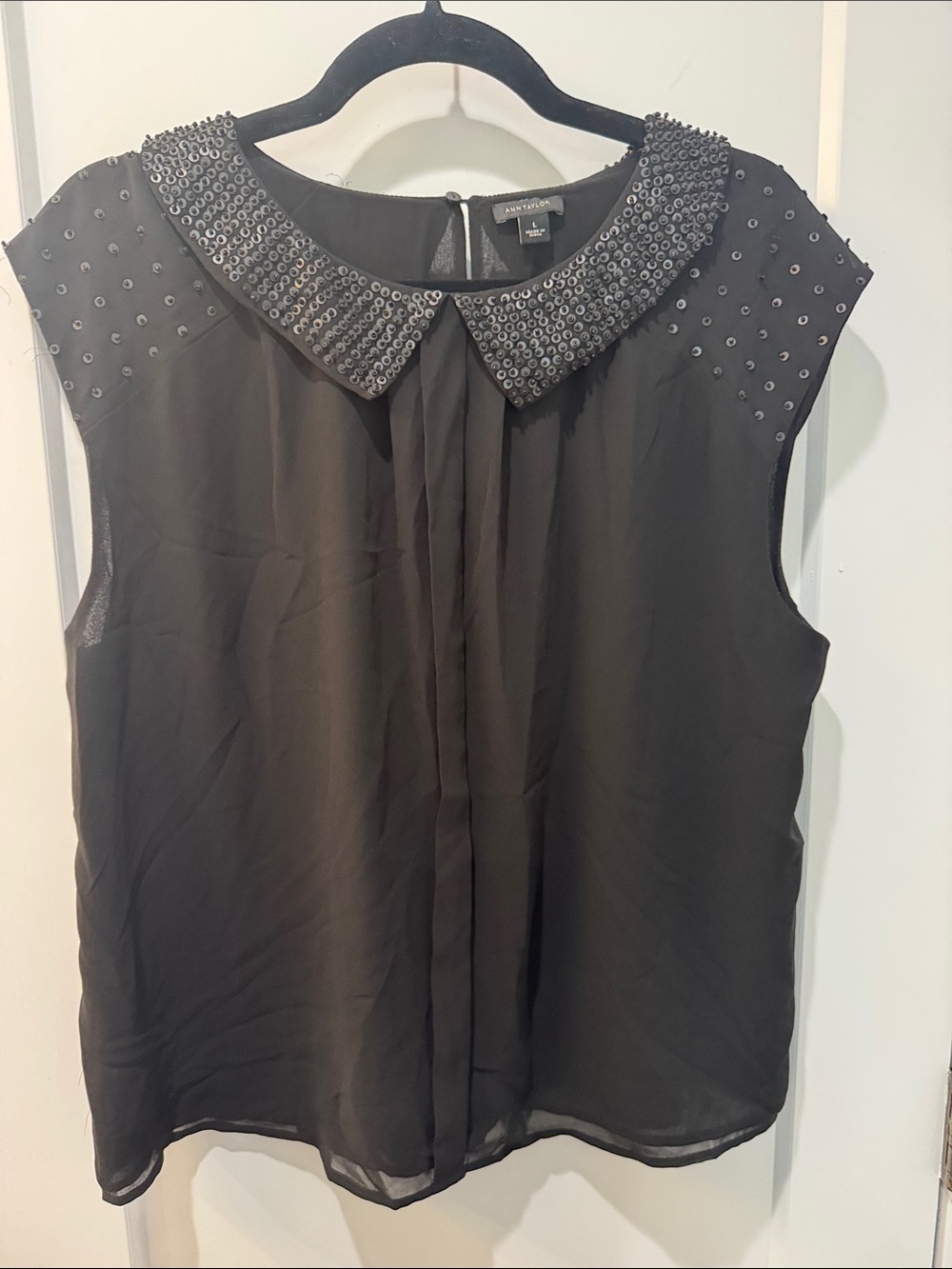 Ann Taylor Black Sleeveless Blouse with Beaded Collar